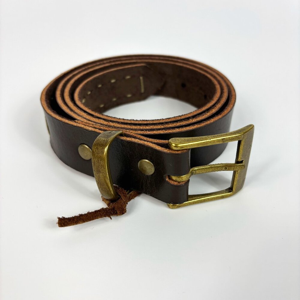 Mens Brown Leather Belt Brass Buckle Cross Stitch Detail Size 38